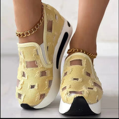 Ingvn Women's Vulcanize Shoes Sneakers Women Slip on Casual Comfy Heeled Shoes Hole-patterned Canvas Mesh Sports Inside-heeled Sandals