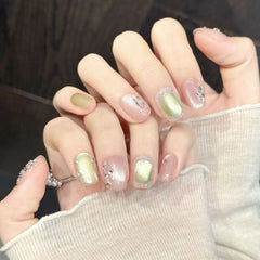 Ingvn 10Pcs Colorful Nail Tips Summer Cat's Eye Glitter Fake Nail Patches Reusable Short Square Head Handmade Press on False Nails
