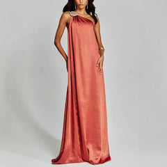Ingvn Women One Shoulder Sleeveless Solid Holiday Dress Elegant Ladies Spring Summer Maxi Dress Sexy Backless Party Dress Vestidos