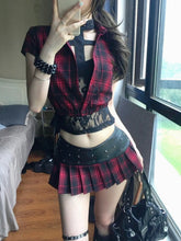 Ingvn Subculture Gothic Plaid 3 Piece Set Women Retro Short Sleeve Halter Crop Tops Mini Pleat Skirt Punk Sexy Streetwear Design