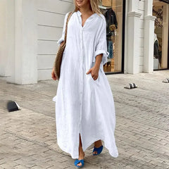 Ingvn Summer Women's Solid Color Oversized Loose Pocket Flip Collar Casual Long Dress Button Loose Oversized Dress