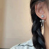 Ingvn Korean Elegant Simple Bowknot Grey Pearl Long Dangle Earrings For Women Fashion Sweet Metal Aesthetic Jewelry Party Gifts