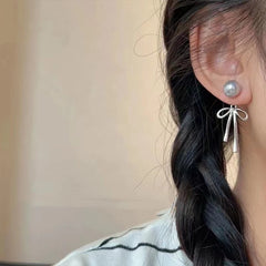 Ingvn Korean Elegant Simple Bowknot Grey Pearl Long Dangle Earrings For Women Fashion Sweet Metal Aesthetic Jewelry Party Gifts