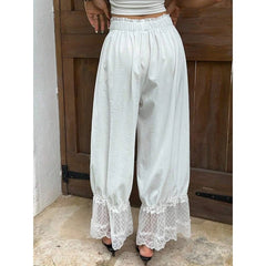 Ingvn Women Mesh See-through Floral Lace Patchwork Ruffle Hem Bloomer Pants Loose Drawstring Elastic Waist Cropped Trousers