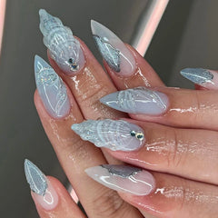 3D Pearl Shell Fantasy Polarized French Almond Shape False Nails Summer Detachable Finished Fake Nails Press on Nails with Glue