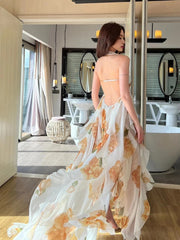 Ingvn Sweet Sle Beach Vaion Bal off oulder Long Dr Irregular Hem Polyester Fiber A-Line Skirt Summer Season Print Pa...