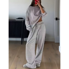 Ingvn - Women's 2 Piece Loungewear Set Red White Stripe Oversized Long Sleeve Top Wide Leg Pants Casual Loose Home Wear Outfit