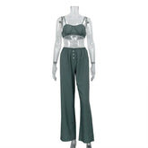 Ingvn Striped Olive Green Sexy Two Piece Set for Women Lace Trim Camisole High Waist Wide Leg Pants Casual Home Outfits