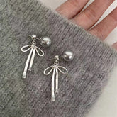 Ingvn Korean Elegant Simple Bowknot Grey Pearl Long Dangle Earrings For Women Fashion Sweet Metal Aesthetic Jewelry Party Gifts