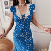 Ingvn Blue Polka Dot Lace Bubble Sleeve Long Dress Chenopod Spring Summer Vintage Style Holiday Dress Women's H Version Polyester