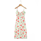 Ingvn Summer Beige Rose Flower Print Backless Sling Dress Holiday Woman Adjust Spaghetti Strap Dresses Beach Holiday Robe Vestidos