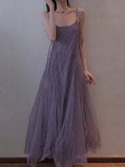 Ingvn Slimming Effect Purple Mesh Ankle-Length Dress Women's plus Size Strapless Gown Korean Style High Waist A-Line Skirt
