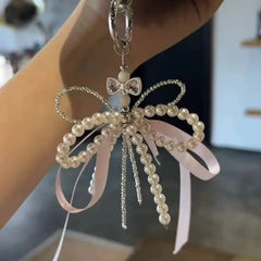Ingvn Fashion Pearl Bow Key Chain Silk Ribbon Pink Key Ring Aesthetic Holder