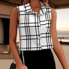Ingvn - Women's Black White Floral Print Sleeveless Blouse Turn Down Collar Button Down Casual Summer Shirt Top