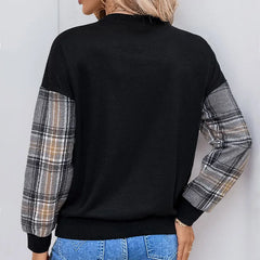 Ingvn - Women Round Neck Plaid Color Block Sweatshirt Lace Trim Long Sleeve Casual Pullover Top