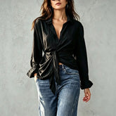 Ingvn Women's Shirt Long Sleeve Elegant Loose Blouse Vintage Spring Autumn Basic Shirt For Women Ruched Lace Up Solid Blouse
