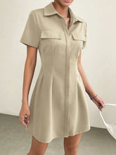 Ingvn Women's Lapel Collar Pleated Waist Short Sleeve Shirt Dress Casual Solid Mini Dress