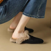 Ingvn Slip on Simple Shoes Outwear Woman Warm Shoes Mules Natural Suede Flat Shoes for Women SlippersMules Women's Fur Flats Slippers