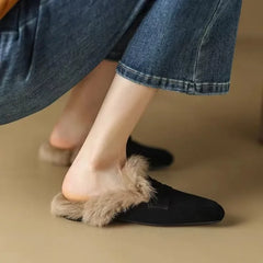 Ingvn Slip on Simple Shoes Outwear Woman Warm Shoes Mules Natural Suede Flat Shoes for Women SlippersMules Women's Fur Flats Slippers