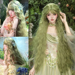 Ingvn - Super Long 100m Wavy Pink Fluffy Wig With Bangs Synthetic Halloween Cosplay Party Green Natural Looking Lolita Wigs For Women