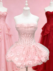 Ingvn Summer New Sweet Elegant Princess Birthday Party Dress Sleeveless Strapless Corset Slim Fit 3D Flower Puff Dress for Women