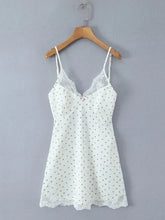 Ingvn White Cozy Homewear Lace Trim Polka Dot Mini Slip Dress for Women Slim Satin Fabric Nightgown for Pajama Parties