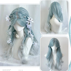 Ingvn - Long Wavy Ombre Blue Wig Synthetic Natural Lolita Wig Orange Green Halloween Cosplay Costume Wig for Women Daily Wear