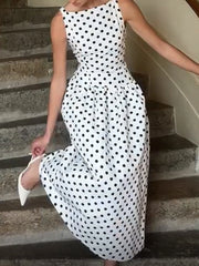 Ingvn French Elegant Dot Print Mid Dress for Women Square Collar Sleeveless Temperament Date Night Dresses Female Summer