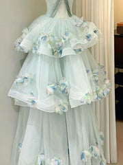 Ingvn French Style Elegant Princess Strapless Evening Dress 3D Flowers Bow High Waist Mesh Puffy Birthday Party Dress for Women
