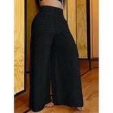 Ingvn Women's Wide Leg Pants Baggy High Waist Trousers Solid Elastic Waistband Wide Leg Pants Pleated Loose Fit Blue Black Pants