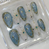 Ingvn 24Pcs Fashion Almond Head Fake Nails Press on Glitter Gradient Green Nail Art with Star Moon Design Reusable Oval False Nails