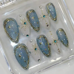 Ingvn 24Pcs Fashion Almond Head Fake Nails Press on Glitter Gradient Green Nail Art with Star Moon Design Reusable Oval False Nails