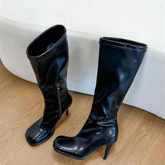 Ingvn - Ins Style Fashion Square Toe Stretch Leather Platform Women Knee-High Boots Autumn Winter High Heels Punk Motorcycle Boots Shoes