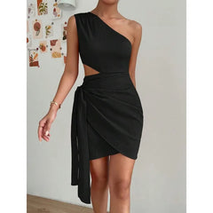 Ingvn Women's One Shoulder Cutout Wrap Mini Dress Tie Waist Bodycon Party Dress Elegant Clubwear