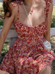 Ingvn Retro Square Collar Sexy Floral Halter Dress Summer Vacation Gown High Waist A-Line Silhouette Sleeveless Zipper Back Closure