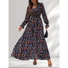 Ingvn Fashion Floral Printed Long Party Dress For Women V-neck Long Sleeved Casual Elegant Maxi Dress