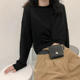 Ingvn - Women Irregular Twist Cropped Sweatshirt Spring Autumn Thin Long Sleeve Crew Neck Y2K Crop Top