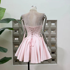 Ingvn Korean Elegant Sweet Celebrity Evening Party Dresses Sleeveless Strapless Fishbone Slim High Waist Pleated Pink Mini Dress Women