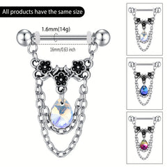 Ingvn 1pair Stainless Steel Nipple Rings, Nipple Barbell With Chain CZ, Nipple Piercing Jewelry