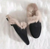 Ingvn Slip on Simple Shoes Outwear Woman Warm Shoes Mules Natural Suede Flat Shoes for Women SlippersMules Women's Fur Flats Slippers