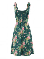 Ingvn French Retro Floral Print Maix Dresses for Women Square Collar Bow Strap Slimming Slit Design for Beach Vacations