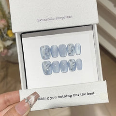 Ingvn 10pcs Handmade Press in Nails Set Blue Cat Eye Short Fake Nails with Charms Butterfly Nail Art Tips Spring Summer nails Press On