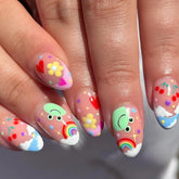 Ingvn 24Pcs Pink French False Nails Rainbow Cloud Design Full Cover Nail Tips Summer Long Almond Fake Nails Almond Press on Nails