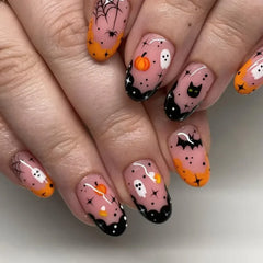 Ingvn 24pcs/set Halloween Black Spider Web Bat Short Press on Nails for Girls Medium False Nails with Glue Medium Square Cheap French