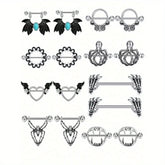 Ingvn 2pcs Halloween Elements Nipple Ring Nipple Piercing Jewellery Skeleton Hand Spider Heart Bat Wings Tight Spell Teeth Octopus
