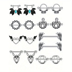 Ingvn 2pcs Halloween Elements Nipple Ring Nipple Piercing Jewellery Skeleton Hand Spider Heart Bat Wings Tight Spell Teeth Octopus