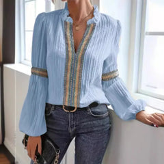 Ingvn Spring Women's Clothing Lantern Sleeve Blouse With Lace Trim Stand Collar Long Sleeve Polyester Chiffon Casual Top For Woman