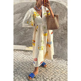 Ingvn Spring/Summer Women's New Printed Button Split Bubble Sleeve V-Tie Dress Loose Vacation Dress