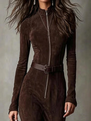 Ingvn European American Suede Maxi Dress for Women Long Sleeves O-Neck Zipper Maxi Dress Temperament Elegant High Street Dresses