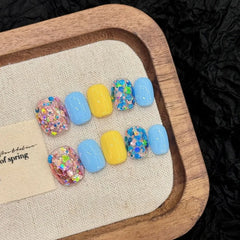 Ingvn 10pcs Handmade Artificial Press on Nails Sequins Simple Multicolor False Square Nails Spring Summer Fake Nails Removable